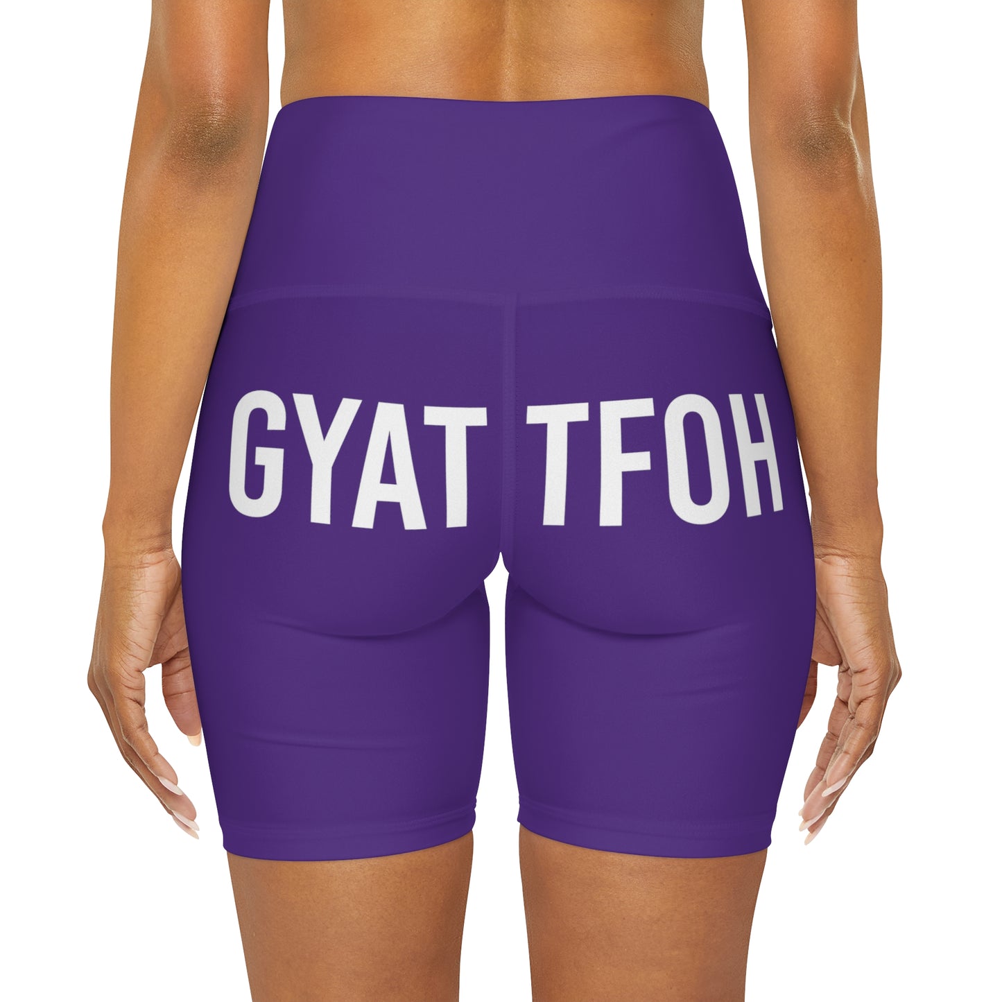 High Waisted Yoga Shorts | GYAT TFOH | White on Purple
