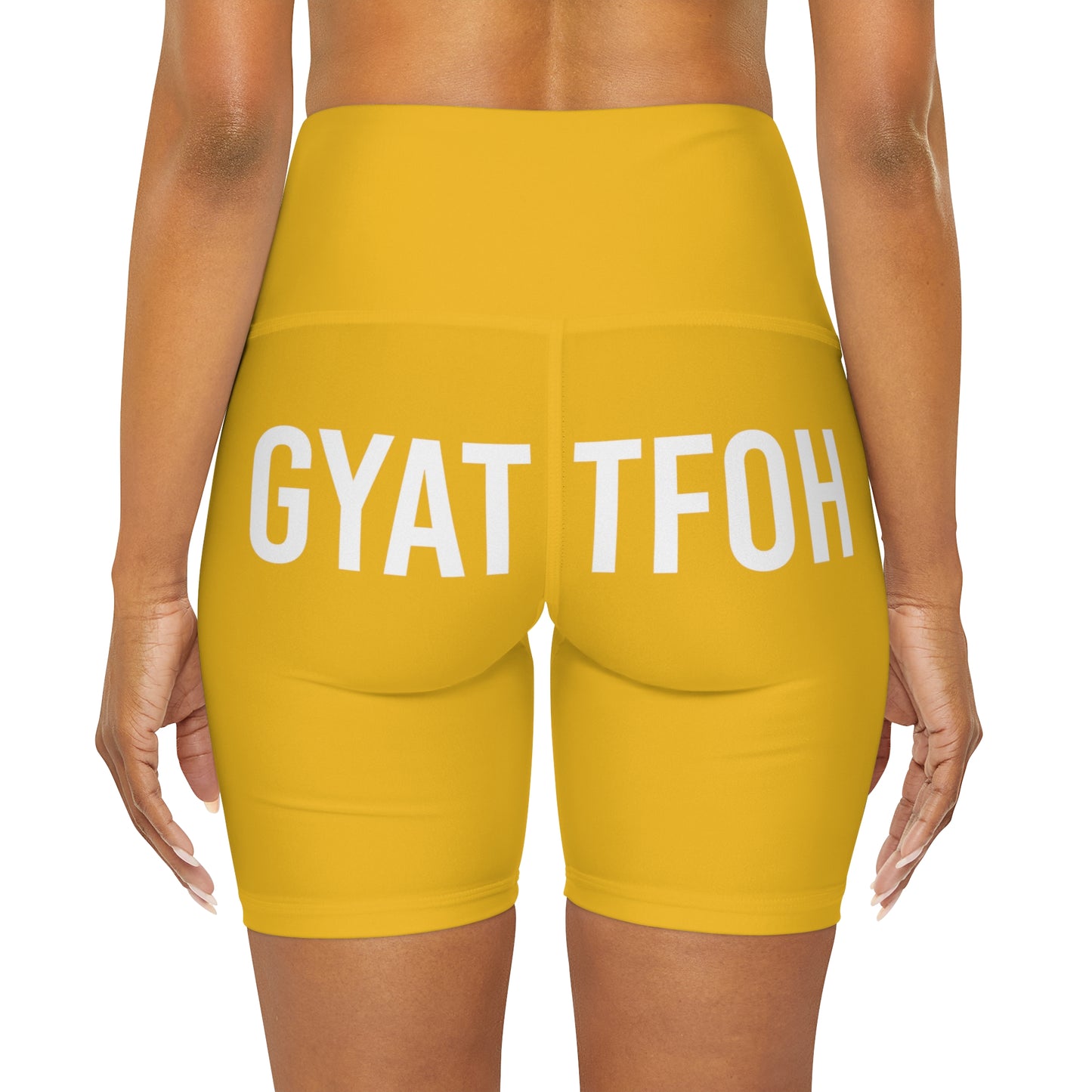 High Waisted Yoga Shorts | GYAT TFOH | White on Yellow