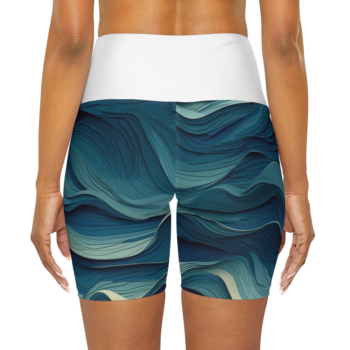 High Waisted Yoga Shorts - Jehanne Tadasana Ocean Waves