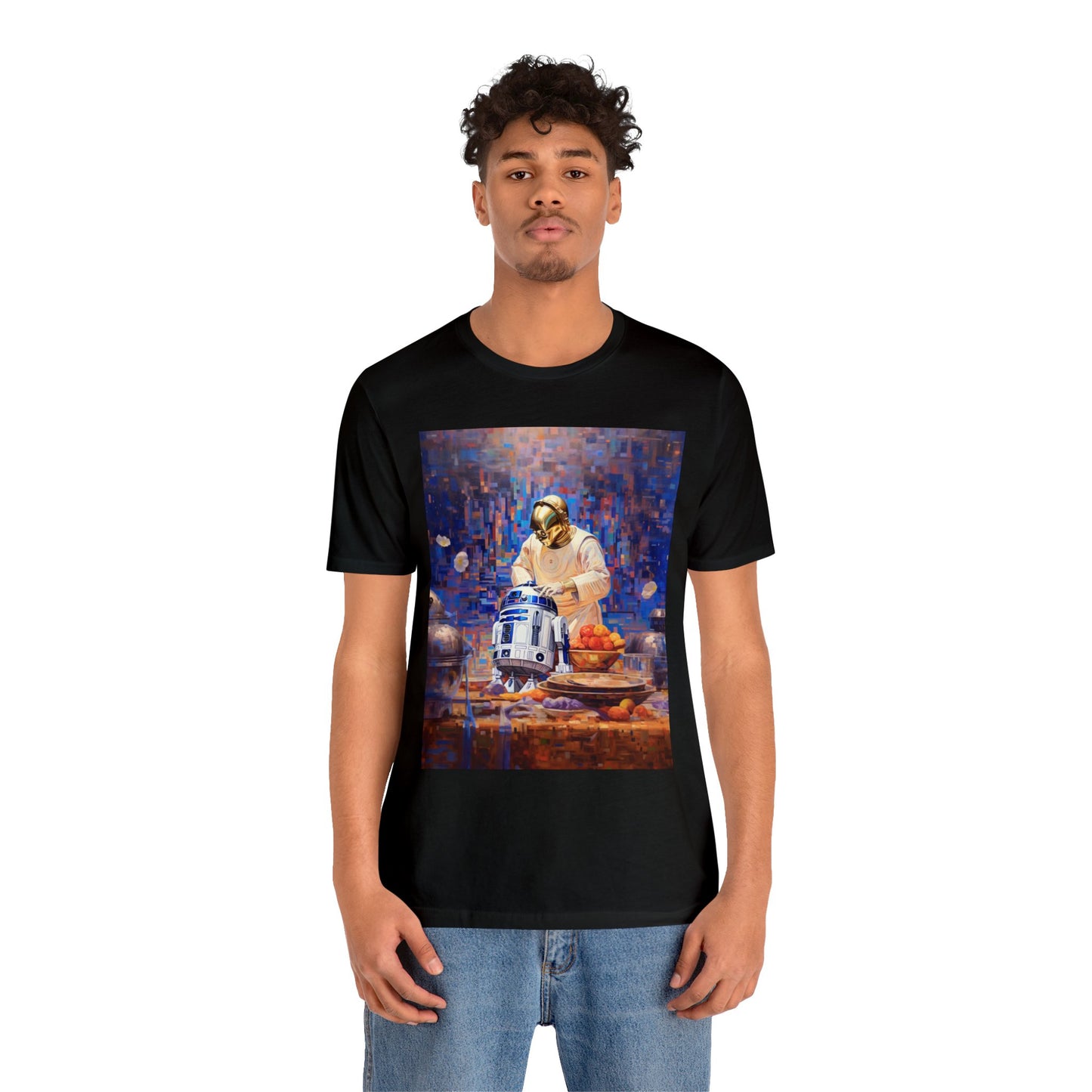 Unisex Jersey Short Sleeve Tee - R2D2Baking in the kitchen wearing an apron