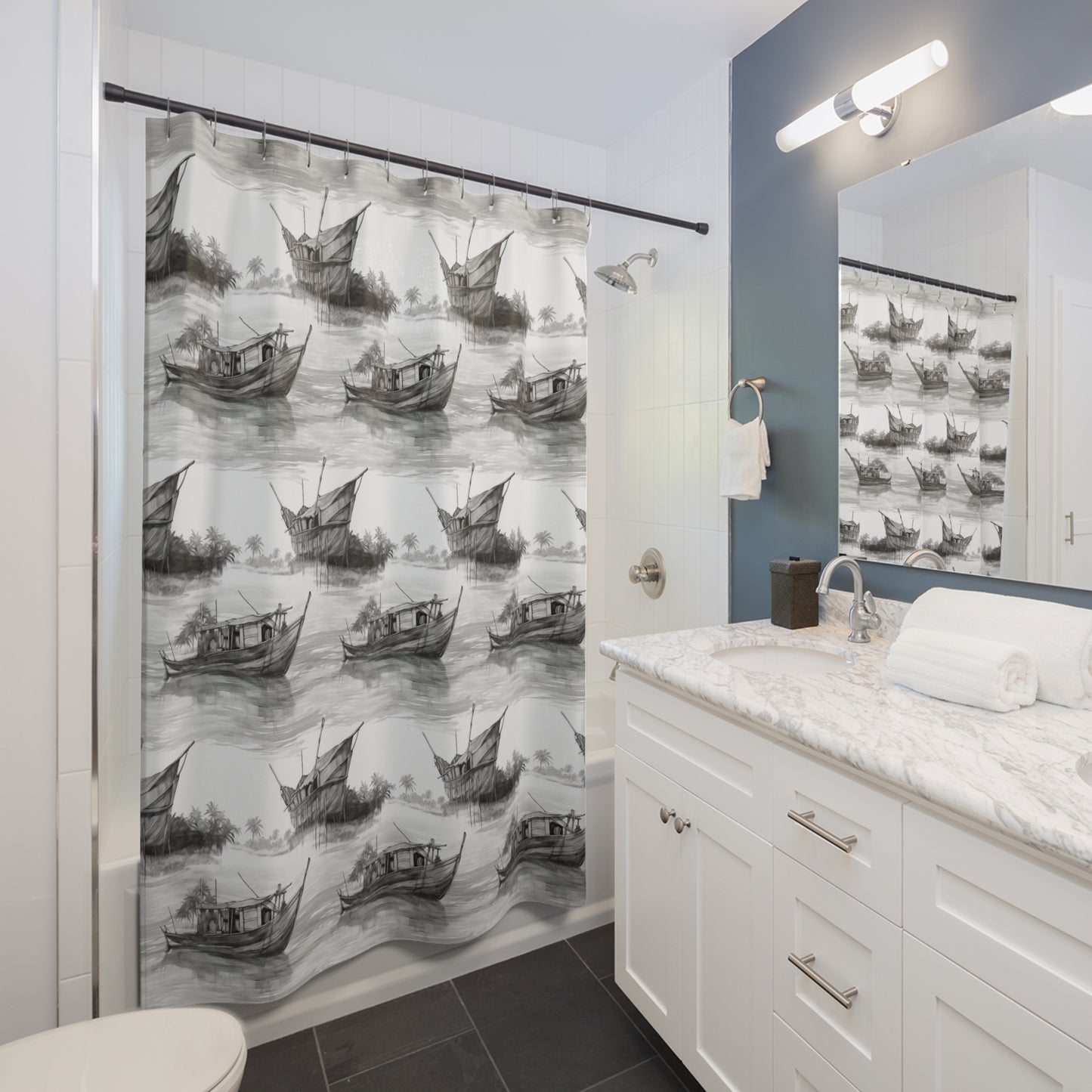 Shower Curtains - Thai Fishing Boat Charcoal