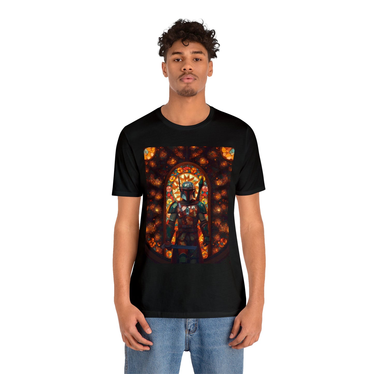 Unisex Jersey Short Sleeve Tee - The Mandalorian Catholic Stained Glass Window