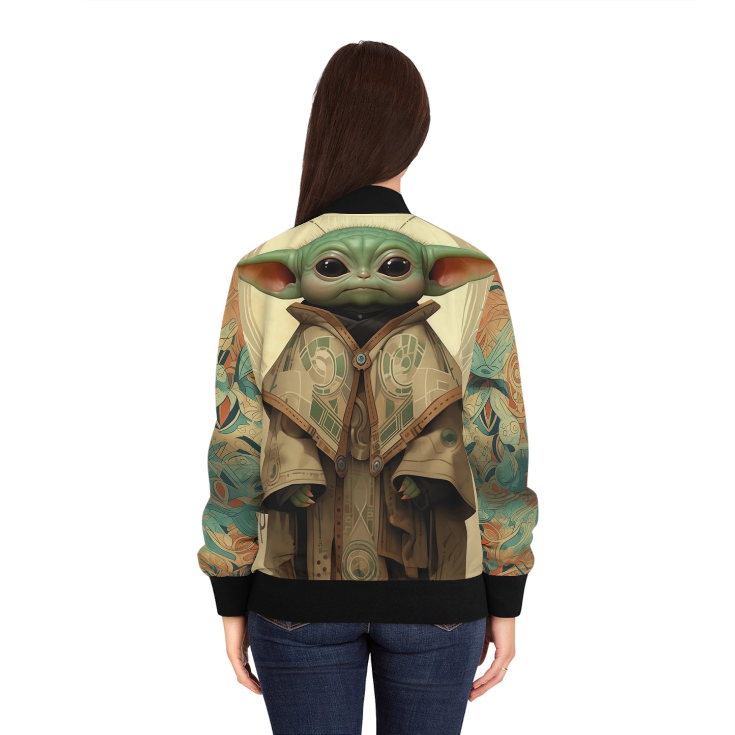 Women's Bomber Jacket - Baby Yoda Grogu Art Deco Frank Lloyd Wright Design