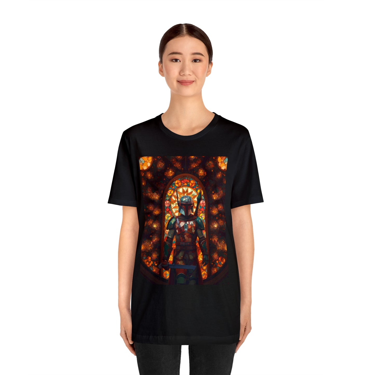 Unisex Jersey Short Sleeve Tee - The Mandalorian Catholic Stained Glass Window
