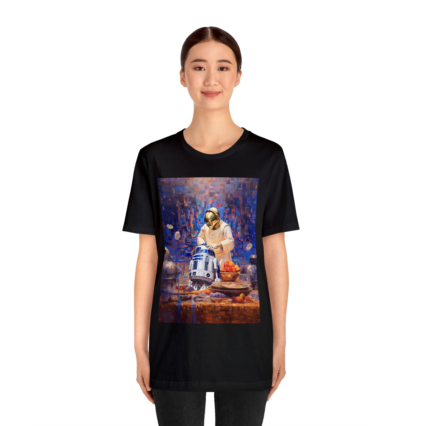 Unisex Jersey Short Sleeve Tee - R2D2Baking in the kitchen wearing an apron