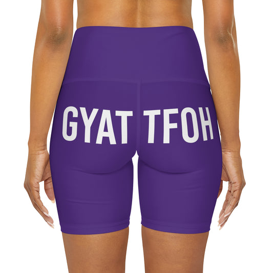 High Waisted Yoga Shorts | GYAT TFOH | White on Purple