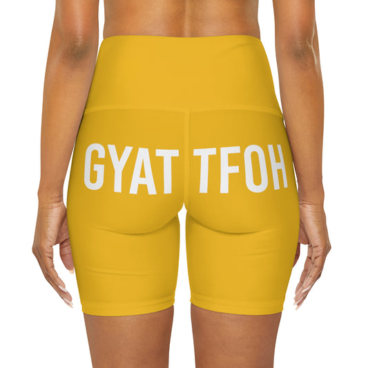 High Waisted Yoga Shorts | GYAT TFOH | White on Yellow