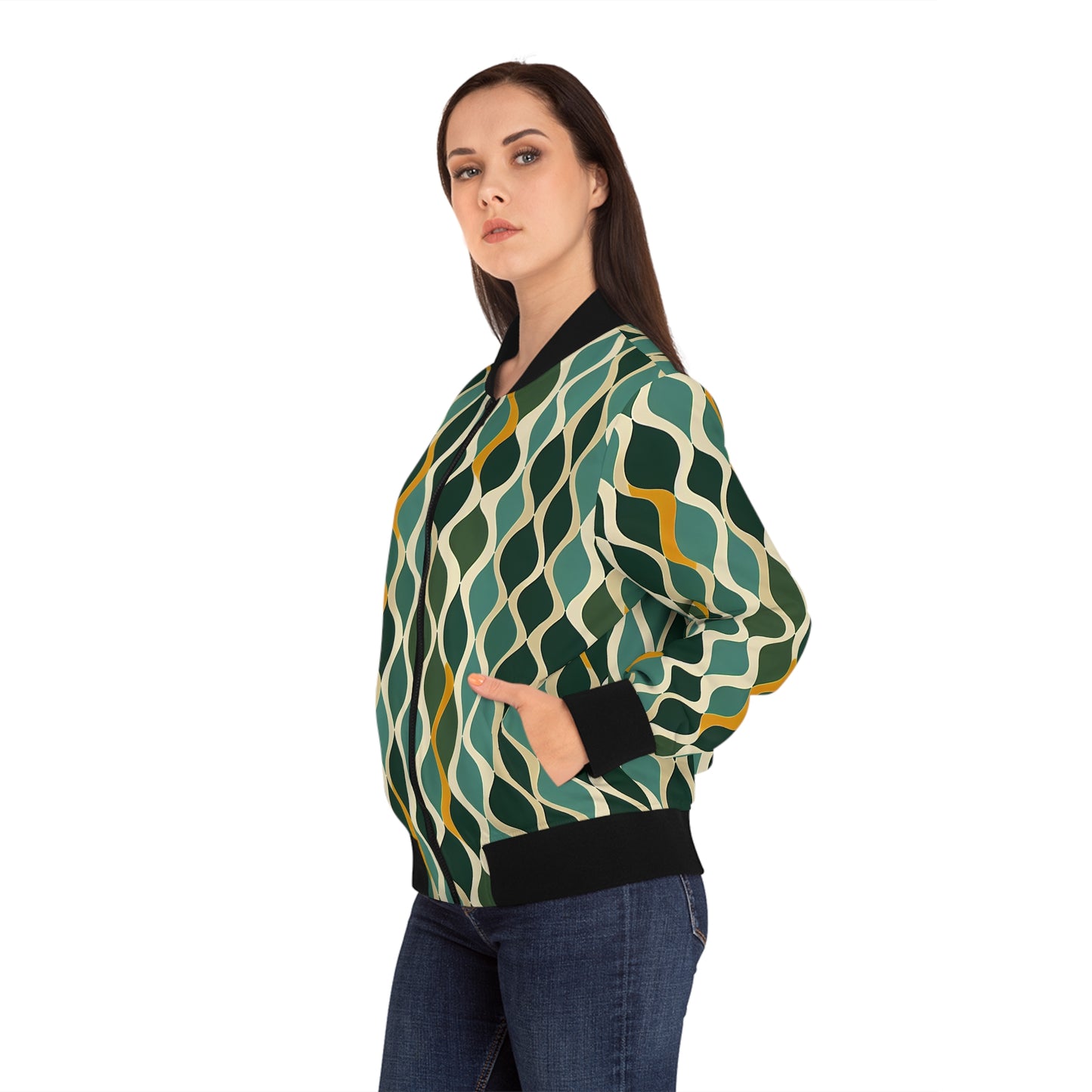 Women's Bomber Jacket - Deco Aqua Ringlets