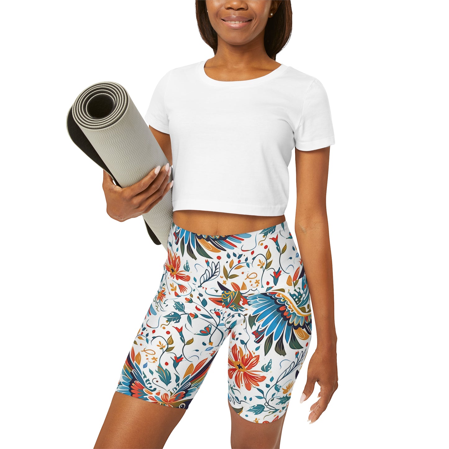 High Waisted Yoga Shorts - Colibri Abstract