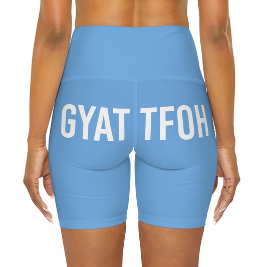High Waisted Yoga Shorts | GYAT TFOH | White on Blue
