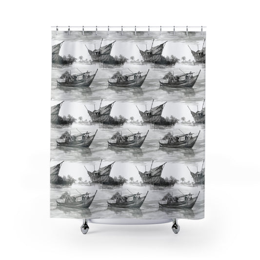 Shower Curtains - Thai Fishing Boat Charcoal