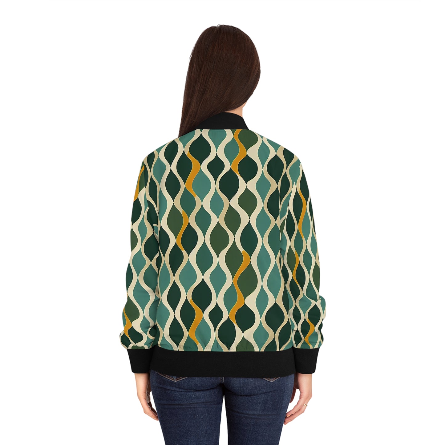 Women's Bomber Jacket - Deco Aqua Ringlets