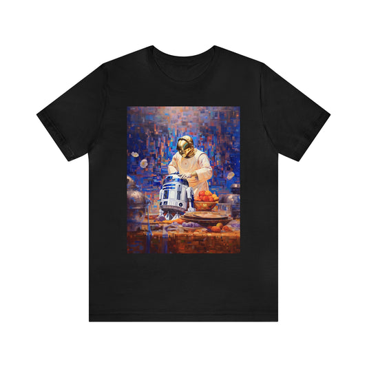 Unisex Jersey Short Sleeve Tee - R2D2Baking in the kitchen wearing an apron