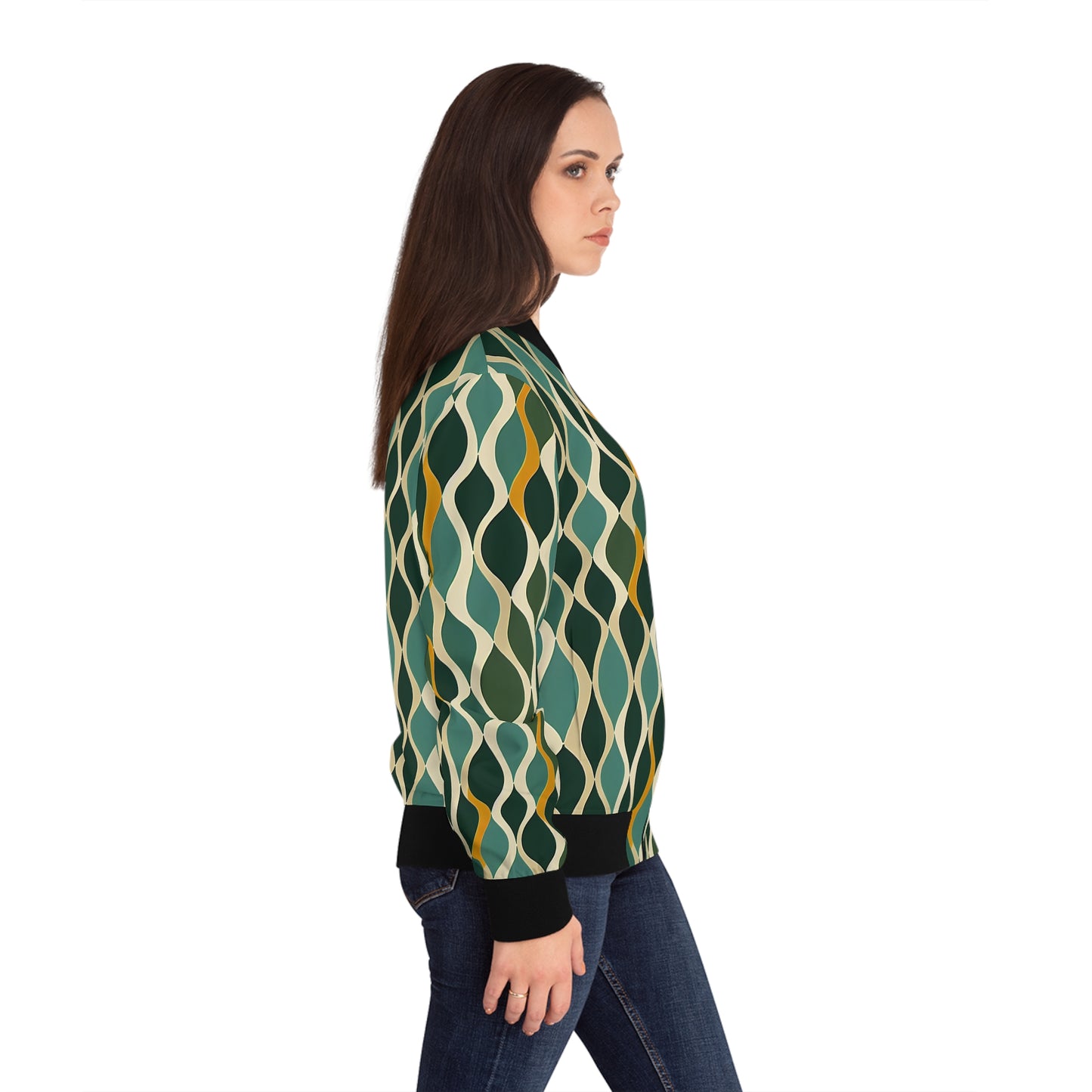 Women's Bomber Jacket - Deco Aqua Ringlets