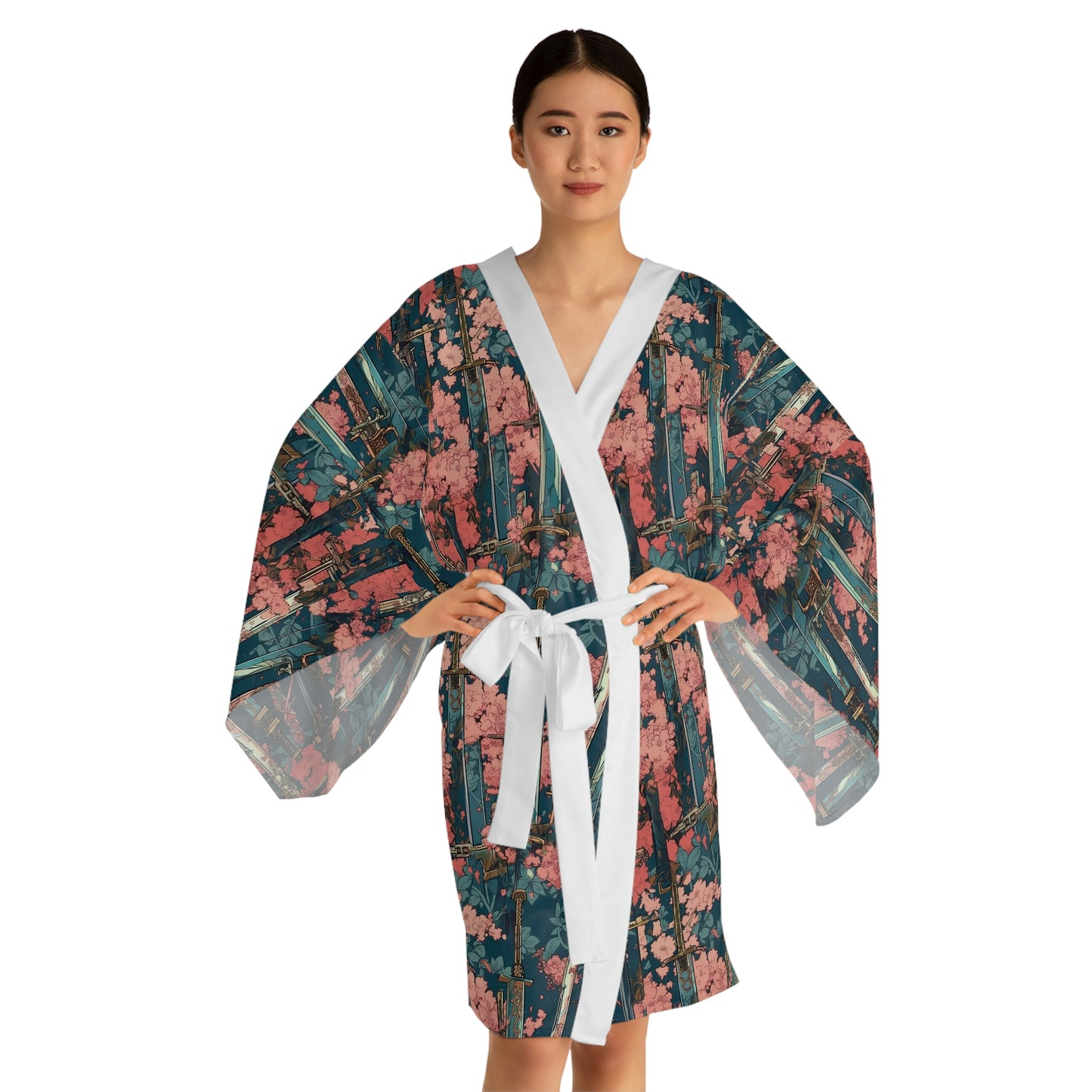 Katanas & Cherry Blossoms - Long Sleeve Kimono Robe