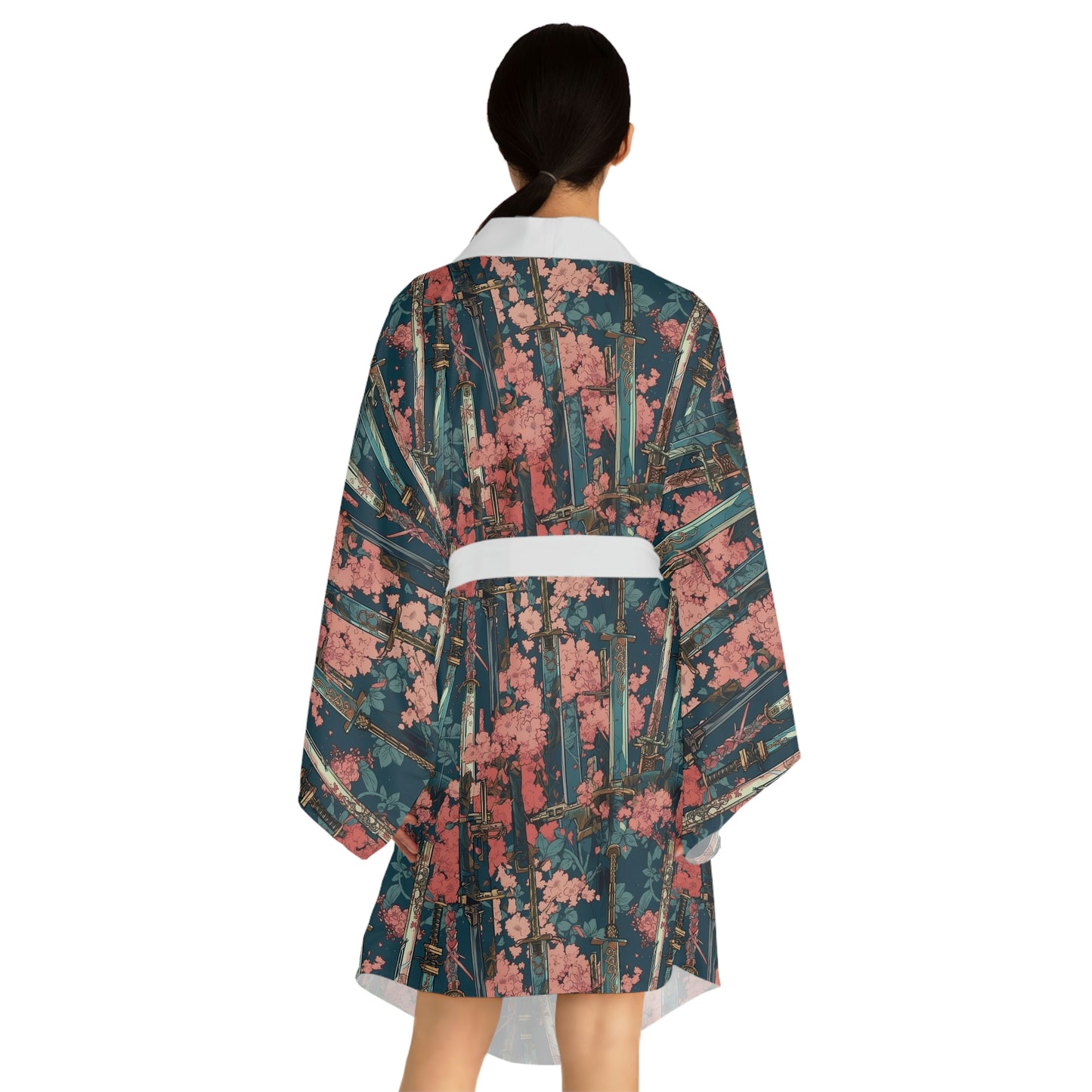 Katanas & Cherry Blossoms - Long Sleeve Kimono Robe