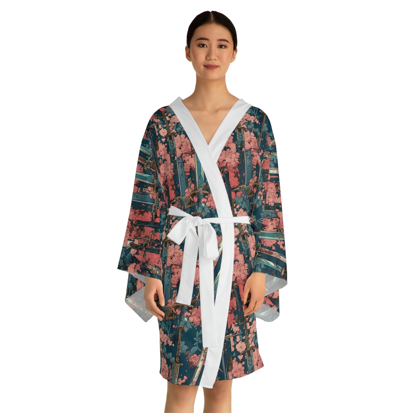 Katanas & Cherry Blossoms - Long Sleeve Kimono Robe